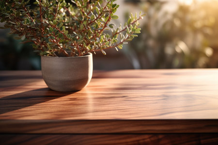 Wooden table and plant in pot on blurred background, closeupの素材