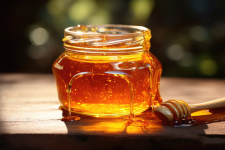 Honey dripping from a wooden honey dipper into a glass jarの素材