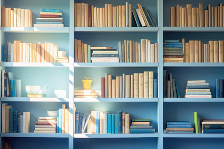 Bookshelves with books and cup of coffee on blue wall backgroundの素材