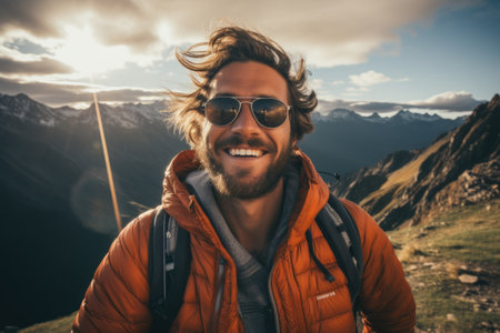 Handsome young man with a beard and sunglasses in the mountainsの素材