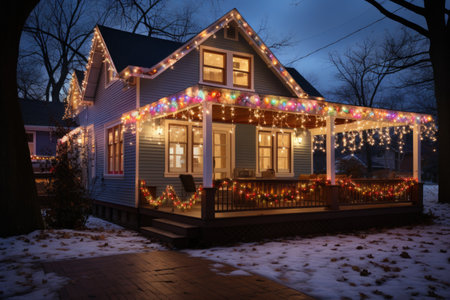 Christmas house decorated with colorful lights and garlands at night. Winter holidays.の素材