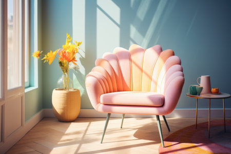 modern living room with pink armchair and vase of daffodilsの素材