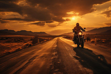 Motorcyclist riding on the road in the desert at sunset.の素材