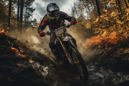 Motocross rider on the race in the autumn forest. Extreme motocross.の素材