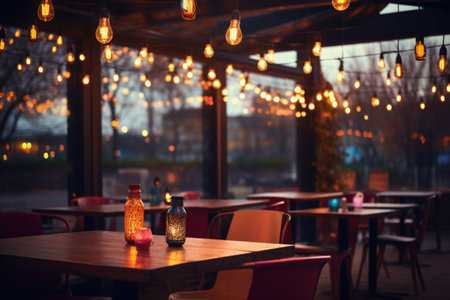 Cafe with candles and lanterns on blurred background. Night timeの素材