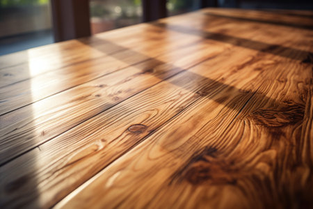 Wooden table top with natural light and shadow on it, stock photoの素材