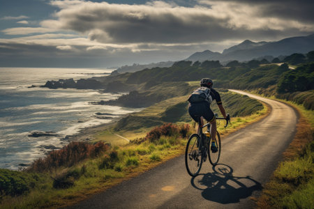 Cyclist riding on the road at sunset in the California coastの素材