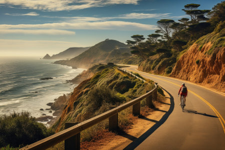 Cyclist riding a bike on a road along the Pacific Ocean in Californiaの素材