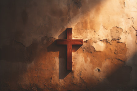 Wooden cross on the wall of the church. Christian symbol.の素材