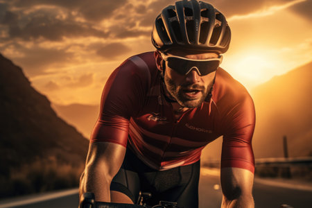 Cyclist on the road at sunset. Sport and active lifestyle concept.の素材