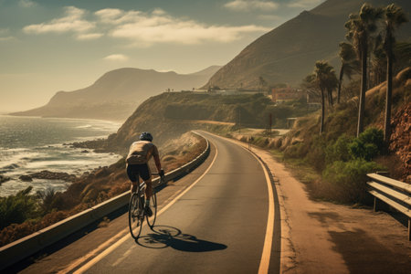 Cyclist riding a bike on the road at sunset, Tenerife, Spainの素材
