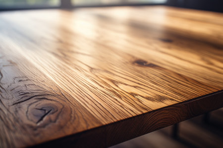 Wooden table with natural light, selective focus, vintage tone.の素材