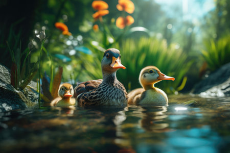 Ducklings swimming in a pond with flowers in the background.の素材