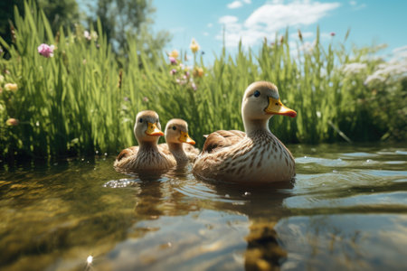 Ducklings swimming in the water. Selective focus. Shallow depth of fieldの素材