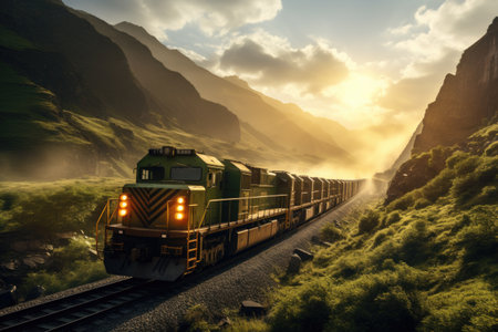Freight train on a mountain road at sunset.の素材