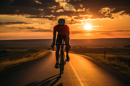 Cyclist Riding the Road to the Sunset. Extreme Sport Concept.の素材