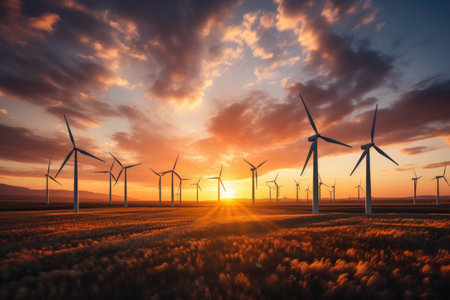Wind turbines at sunset. Renewable energy concept.の素材
