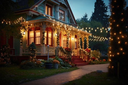 Beautiful cozy house decorated for Christmas and New Year holidays at nightの素材