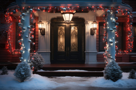 Christmas decorated front door of a house with garland lights and treesの素材