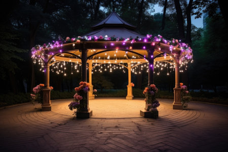 Romantic gazebo decorated with fairy lights in the park at nightの素材