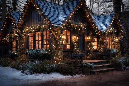 Christmas decoration on the porch of a wooden house in the winter forestの素材