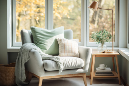 Cozy living room interior with sofa, pillows and coffee tableの素材