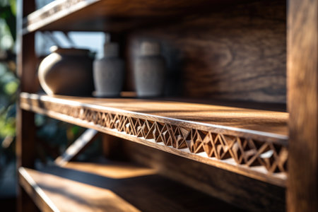 Wooden shelf with vase decoration in coffee shop, stock photoの素材