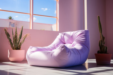 Comfortable armchair and cactuses in room at sunny dayの素材