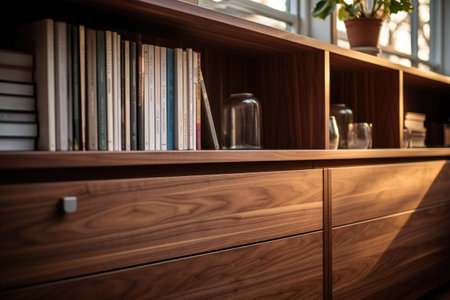 Wooden bookshelf with books in modern library. Library furniture.の素材