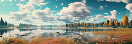 Autumn landscape with lake, forest and clouds. Panorama.の素材