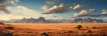 Digital composite of Sunset over the desert with mountains in the background.の素材