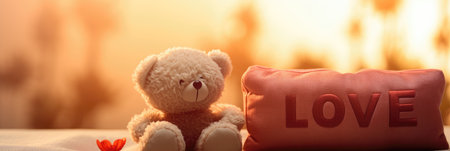 Teddy bear and pillow with love word on bokeh backgroundの素材