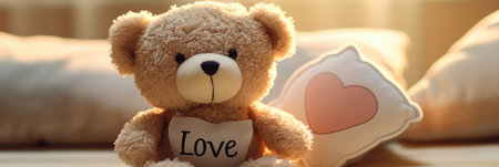Teddy bear with love word on pillow in bedroom. Valentines day conceptの素材