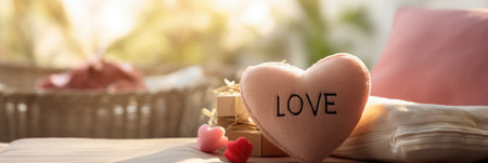 Heart shaped pillow and gift box with the word LOVE on wooden table, closeupの素材