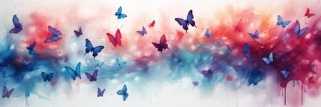 Colorful abstract background with butterflies. Panoramic banner with copy spaceの素材