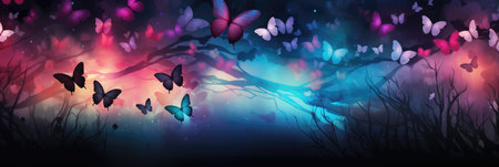Magic forest with butterflies. Panoramic banner.の素材