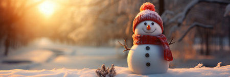 Snowman in a red hat and scarf on the background of the winter forest.の素材