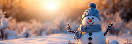 Snowman in winter forest at sunset. Panoramic banner.の素材