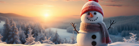 Snowman in red hat, scarf and mittens standing on snow covered hillside during sunsetの素材