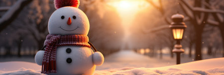 Snowman in the park at sunset, panoramic banner.の素材