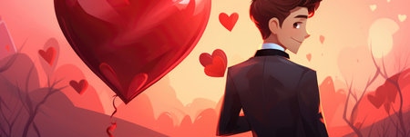 Valentine's day. A young man in a suit with a heart-shaped balloon in his hand.の素材