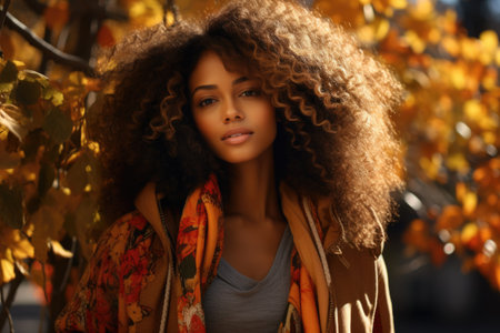 fashion outdoor photo of beautiful sensual woman with afro hair in elegant clothes posing in autumn parkの素材