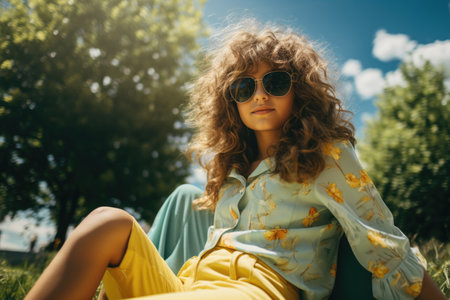 beautiful curly girl in sunglasses sitting on grass and looking at cameraの素材