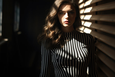 Portrait of a beautiful young woman in a black and white striped blouseの素材