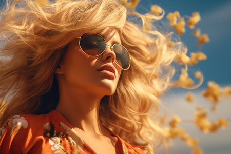 Portrait of beautiful young woman in sunglasses with flying hair outdoors.の素材