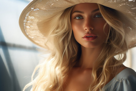 fashion outdoor photo of beautiful sensual woman with blond hair in elegant dress and hat posing in studioの素材