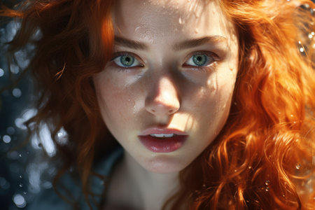 Close-up portrait of a beautiful red-haired girl with freckles on her faceの素材