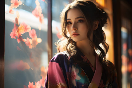fashion interior photo of beautiful sensual woman with dark hair in elegant kimonoの素材