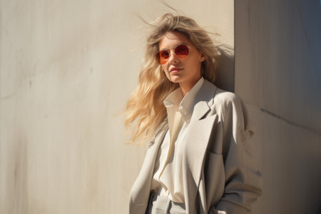 Outdoor portrait of beautiful young woman with long blond hair wearing coat and sunglassesの素材
