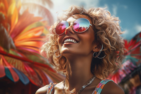 Portrait of beautiful young woman with afro curly hair and sunglassesの素材